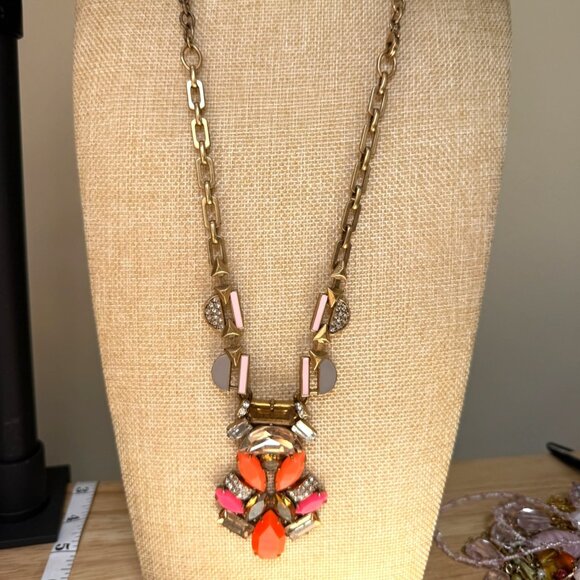 Stella & Dot Statement Necklace With Gold Chain & Orange Pink Gemstone Accents - Picture 2 of 11